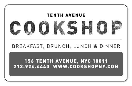 the cookshop distressed grey logo with business info on a white background